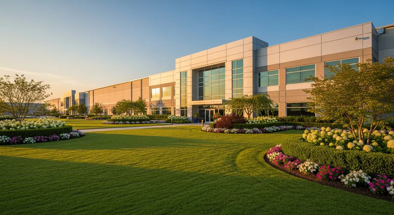Planting beds and turf in front of an office building