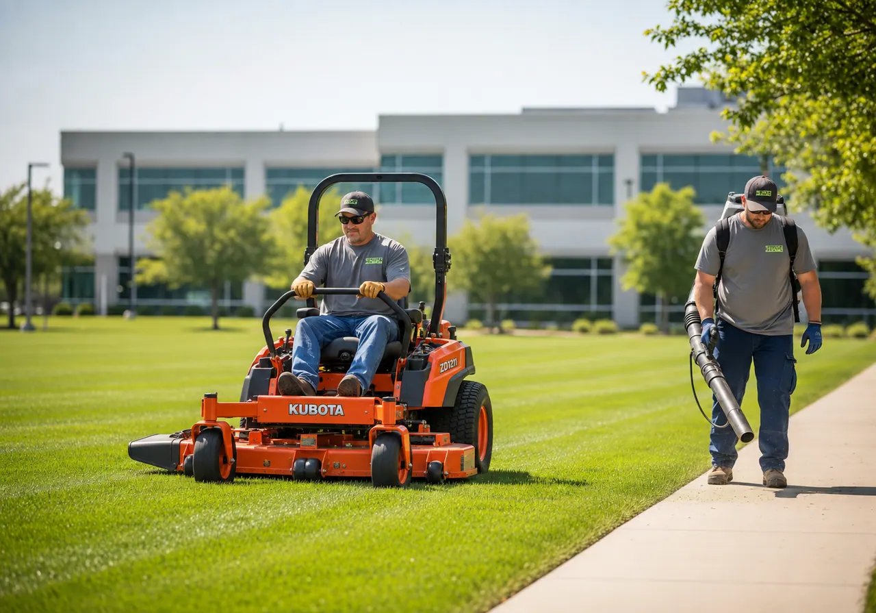 Zero-turn mower and a crew member with a blower at an office building