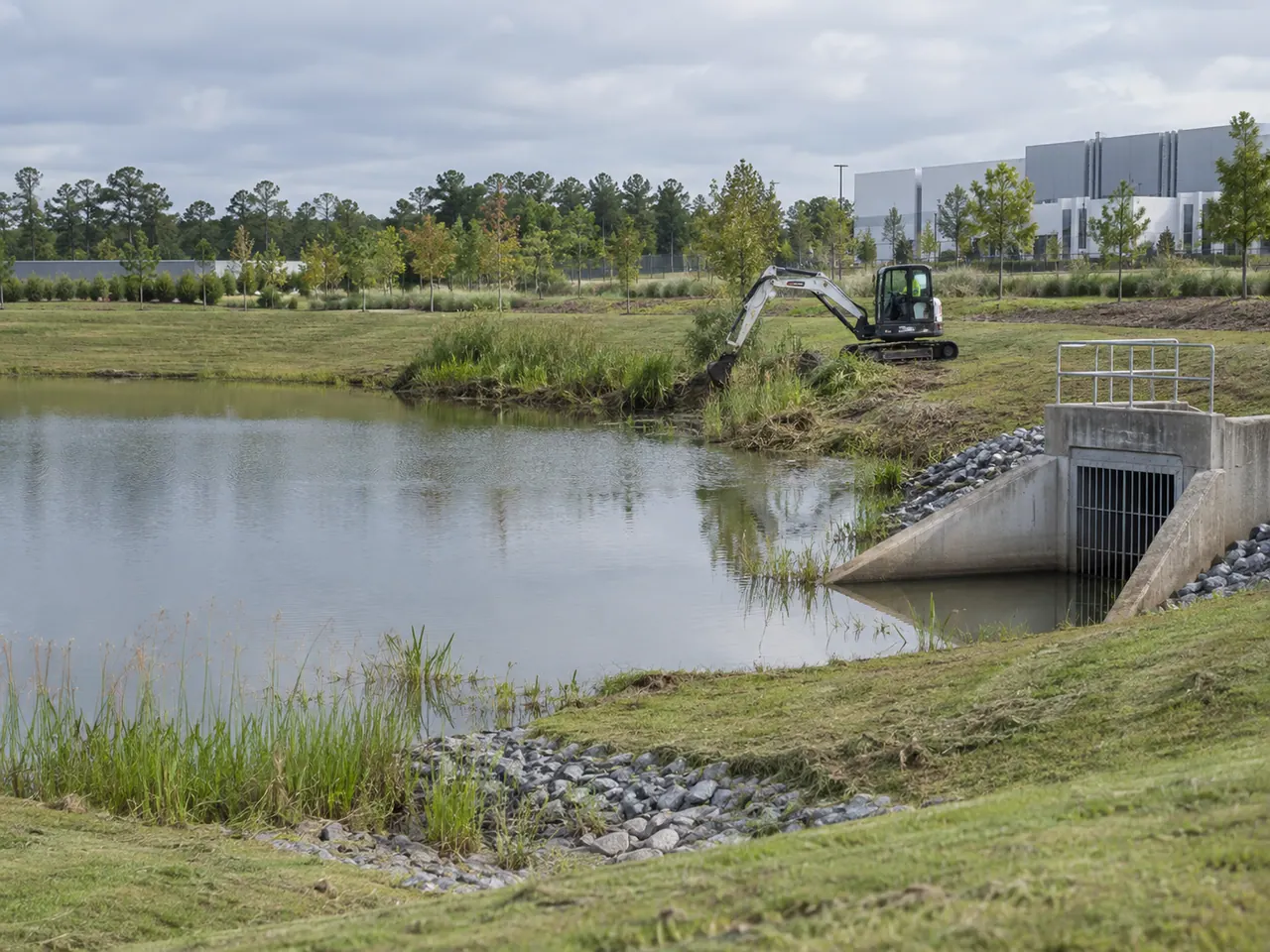 Stormwater outlet structure at a commercial pond