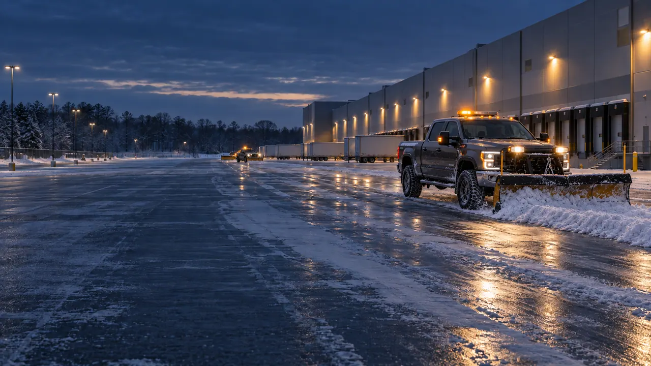 Plow truck clearing a distribution center lot at dusk