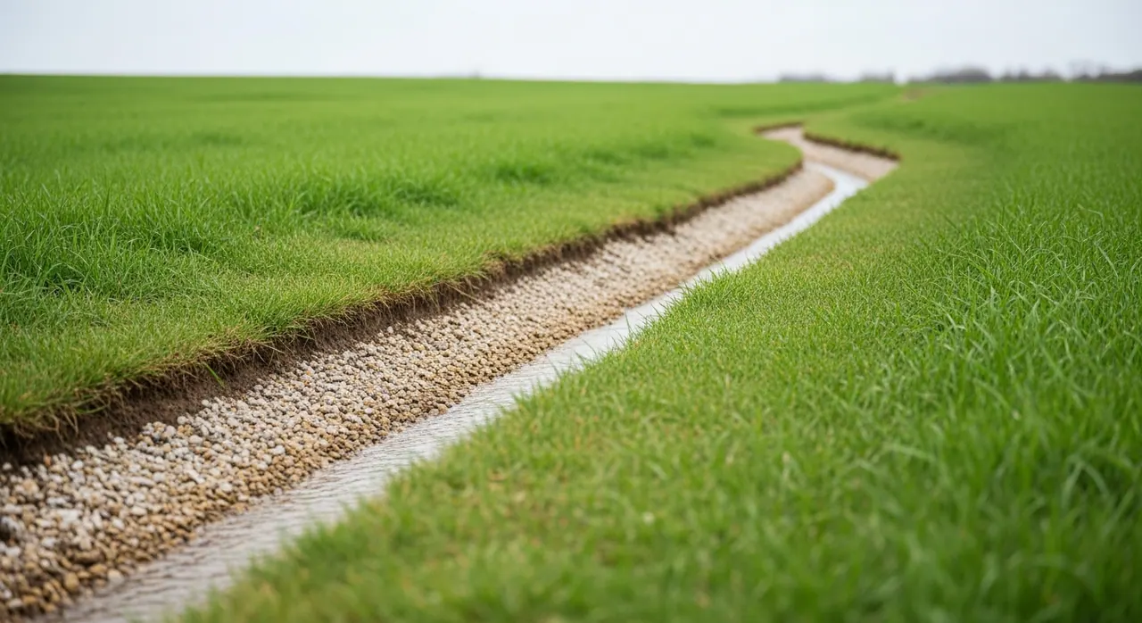 Stone-lined drainage swale through mowed turf